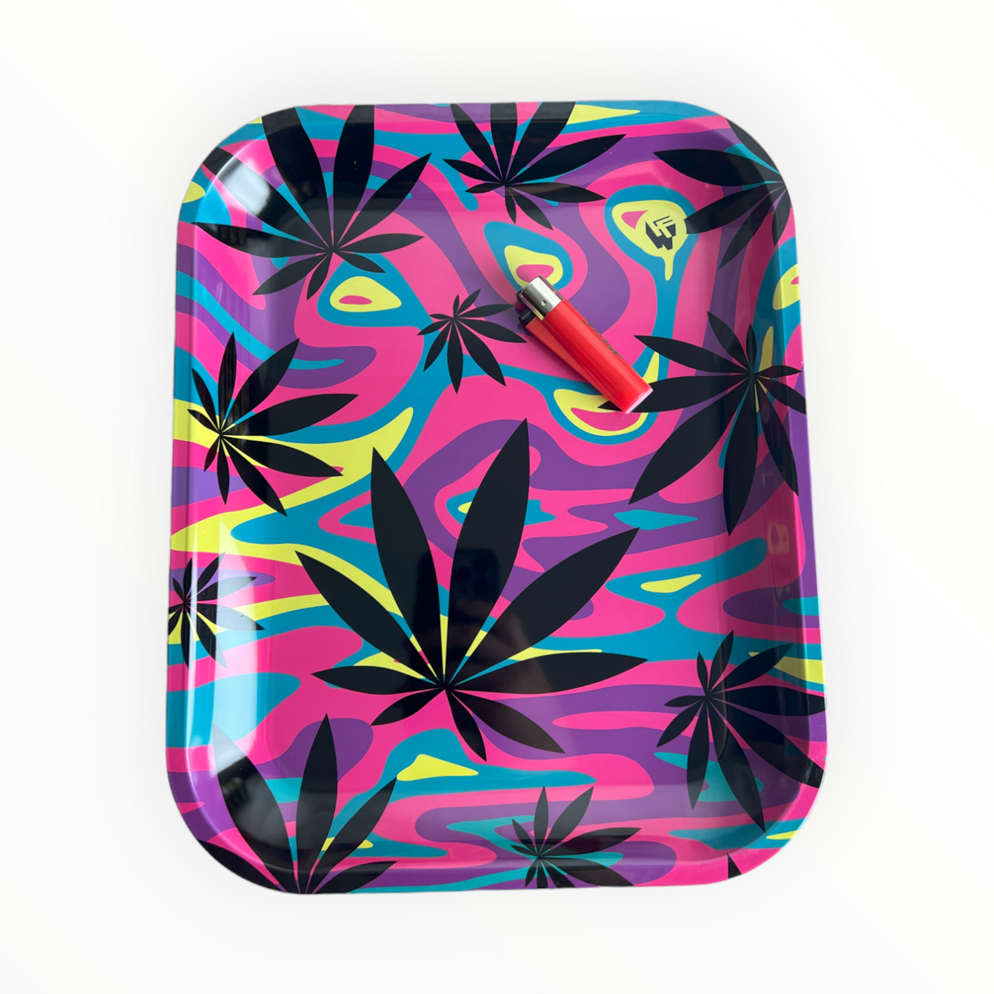 Rolling Tray aus Metall | "Neon Leaves" | L | Black Leaf